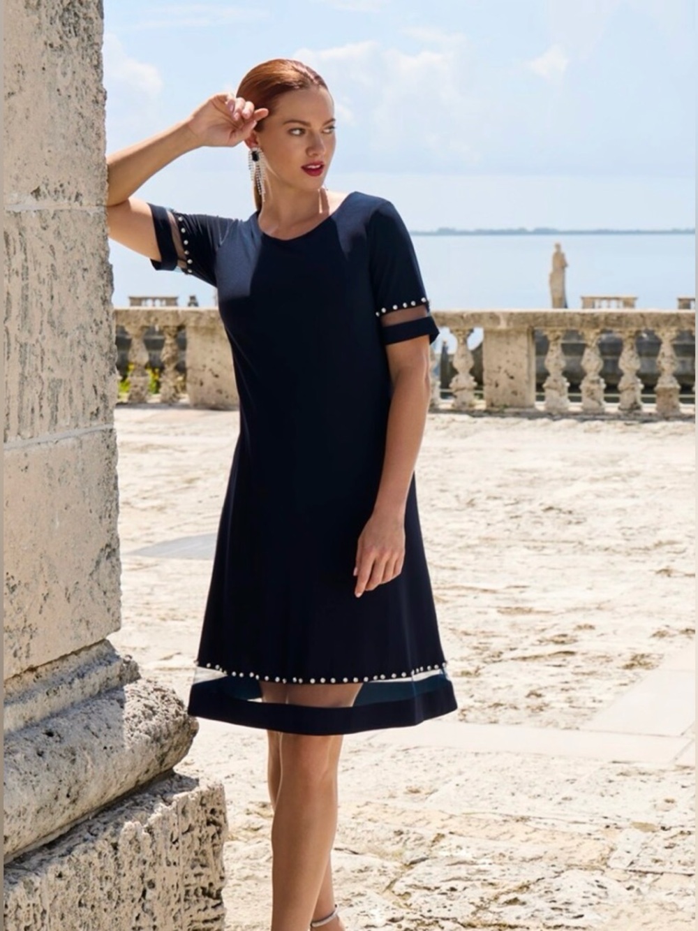 Frank Lyman Navy Short Sleeve Dress with Mesh Inserts Style 258713U